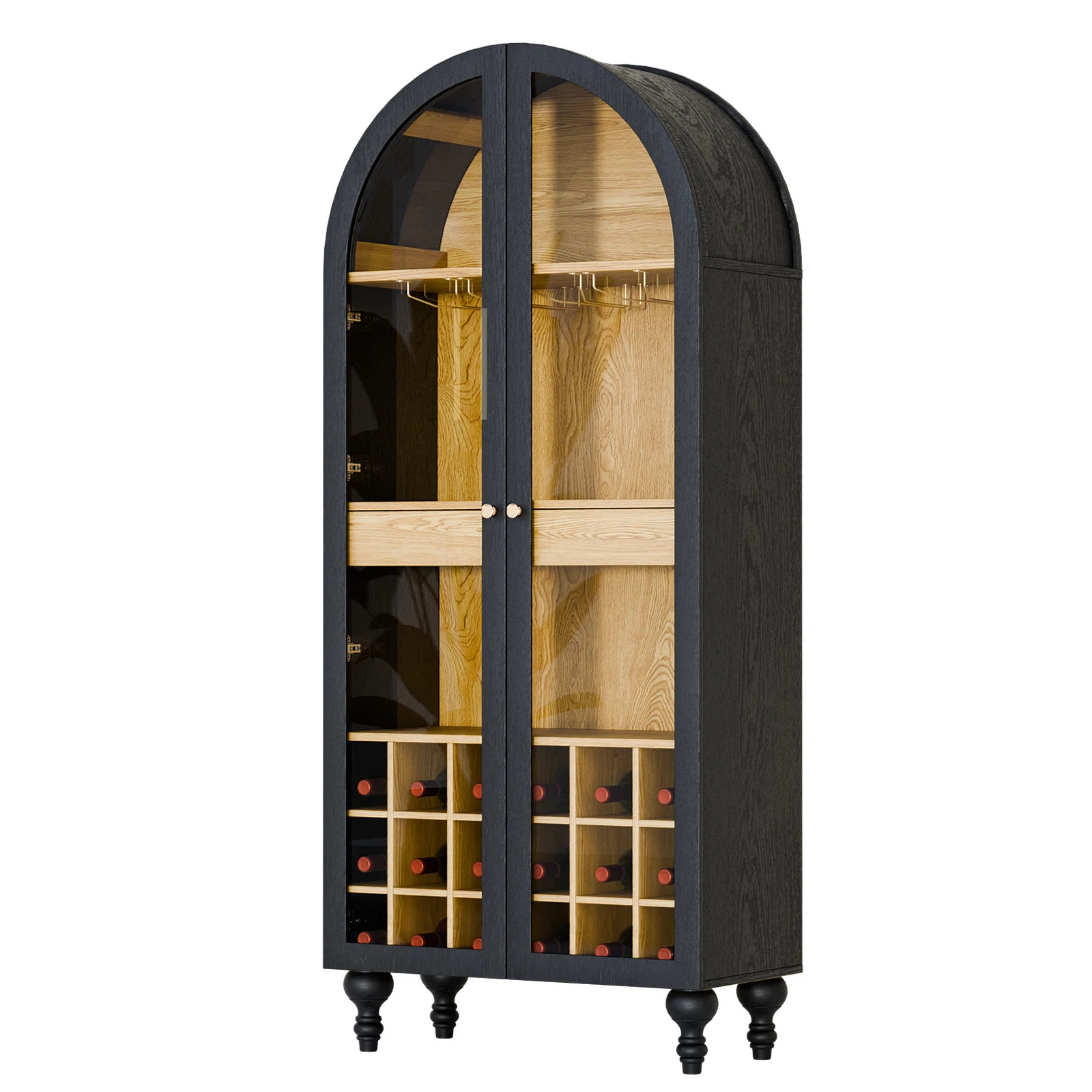 Latitude Run® Arched Modern Wine Cabinet With Glass Doors, Drawer, And Wine Rack, 3-Tier Freesta... | Wayfair North America