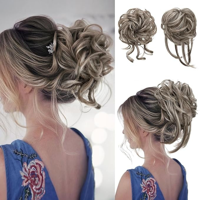 SARLA 2PCS Grey Messy Bun Hair Pieces for Women Wavy Curly Synthetic Hairpieces for Updos with Te... | Amazon (US)