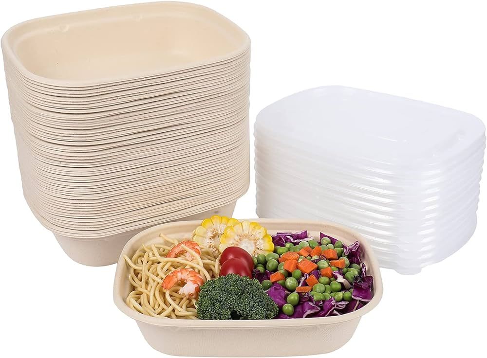 35OZ Disposable bowls with lids, Sugarcane Fiber Paper Bowls take away food containers meal prep ... | Amazon (US)