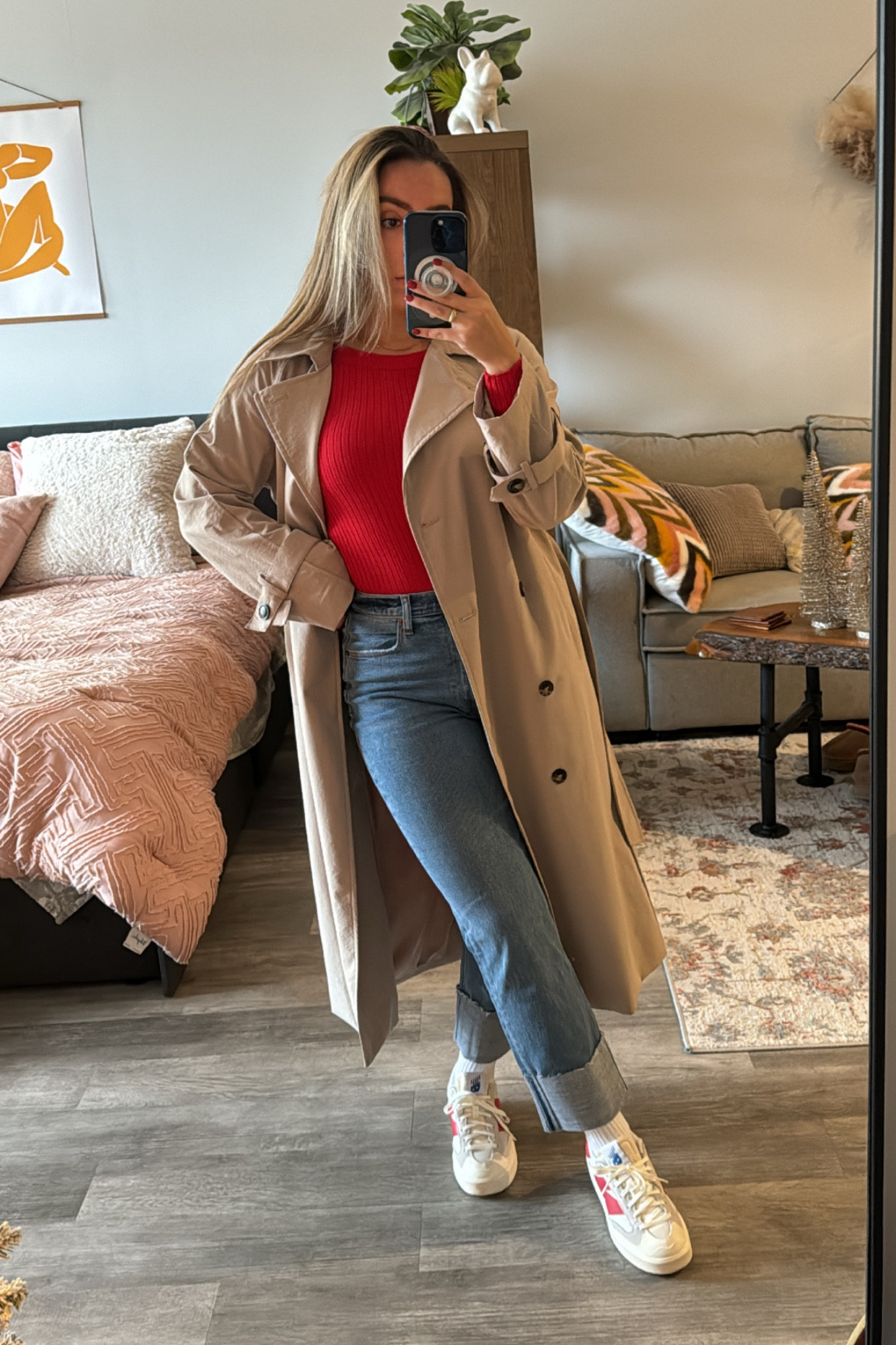 loving red for fall
Sweater - S
Jeans - 4/27
Sneakers - true 7
Trench - xs