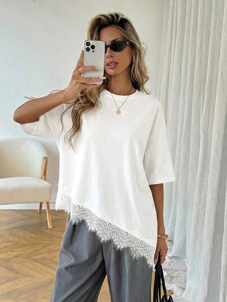 SHEIN LUNE Camiseta Básica De Mujer De Uso Diario Con Unicolor, Bajo Asimétrico Y Parches De Encaje, Para Primavera/Verano | SHEIN