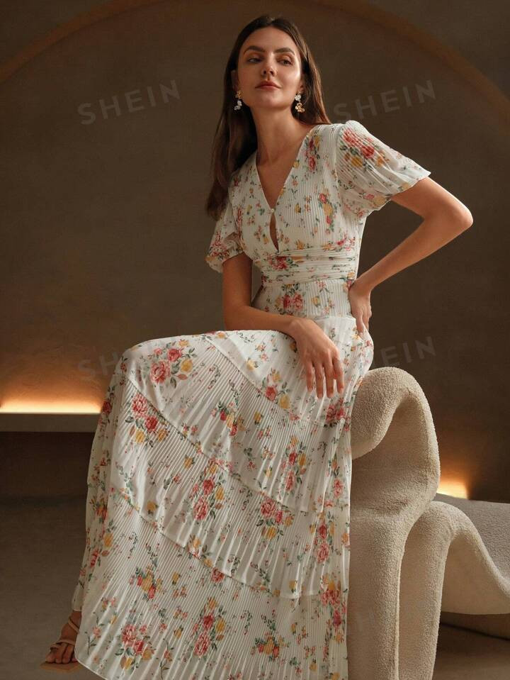 Anewsta Chiffon Pleated Printed Lantern Sleeve Waist-Tied Vacation Maxi Dress | SHEIN USA | SHEIN