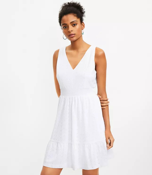 Eyelet Flounce Double V Dress | LOFT