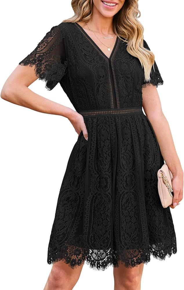 MEROKEETY Women's V Neck Floral Lace Wedding Dress Short Sleeve Cocktail Party Dress | Amazon (US)