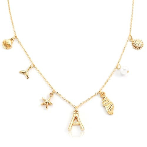 ORIGENCE Seashell Letter Necklace Charm Necklaces for Women Gold Starfish Shell Necklace 18K Gold Plated Beach Necklaces for Women Ocean Jewelry Initial Charm Boho Jewelry | Amazon (US)