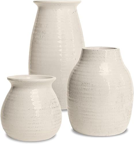 White Vases for Decor - Rustic Home Decor, Modern Farmhouse Decorations - Ceramic Vase for Firepl... | Amazon (US)