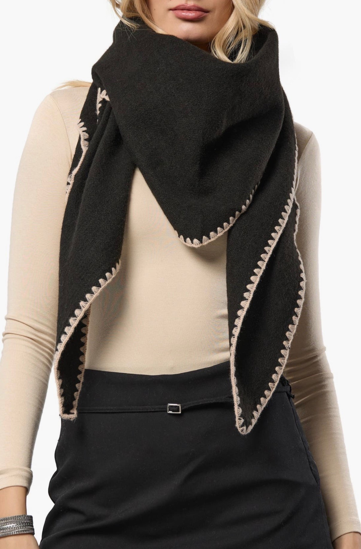 Love the stitching detail on this triangle scarf! The coffee and taupe colors are really pretty as well (all three colors can be reached by this single link). 