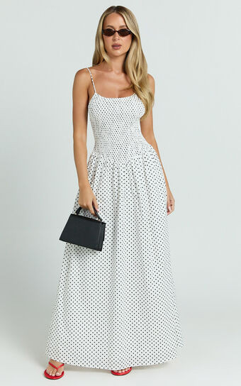 Doris Maxi Dress - Strappy Fit and Flare Maxi Dress in White Polkadot | Showpo (US, UK & Europe)