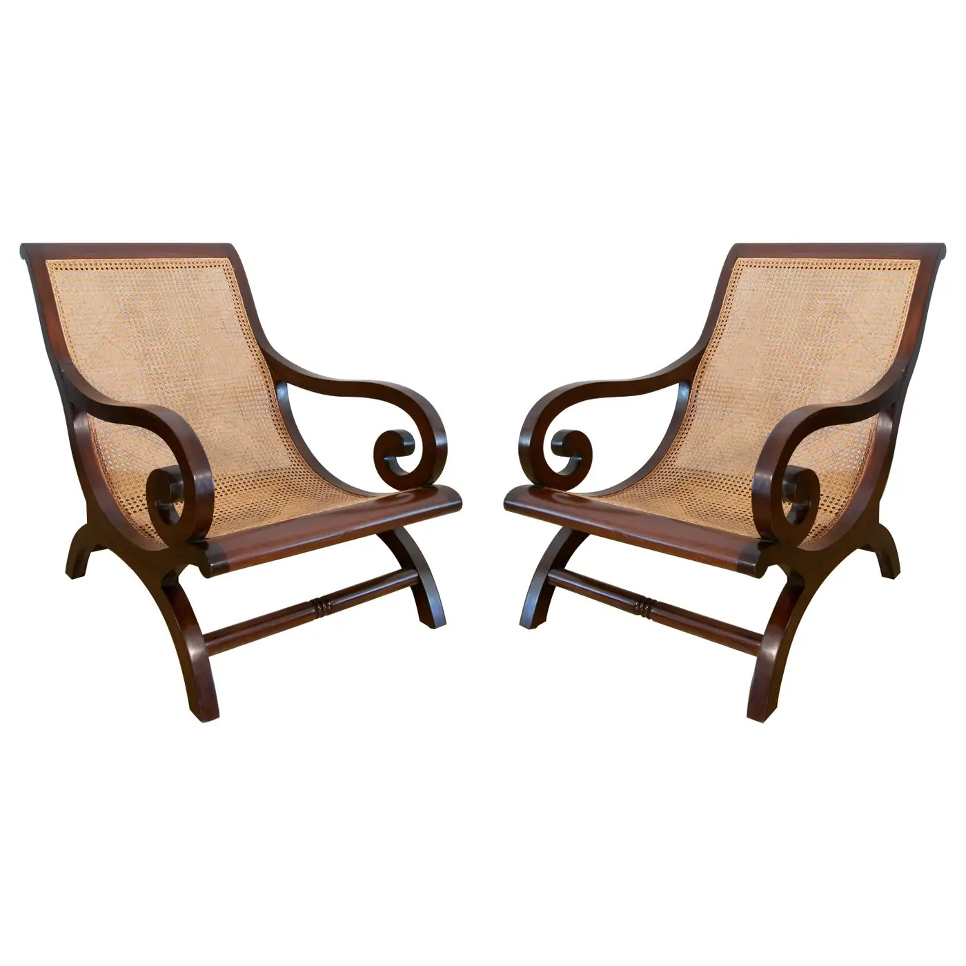 Pair of Mahogany Wooden Armchairs with Wicker Grid Seats | 1stDibs