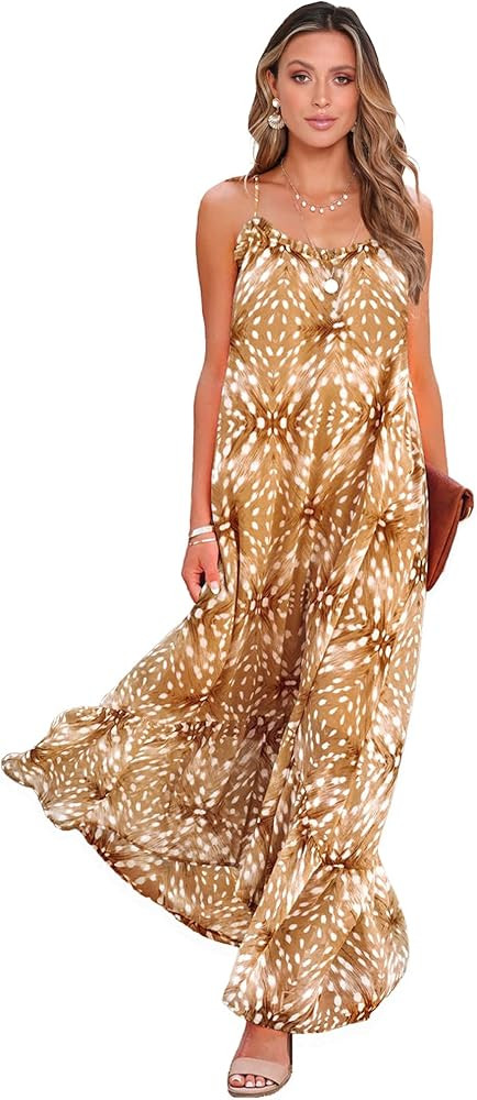 BTFBM Women's Summer Casual Maxi Dresses Spaghetti Strap Sleeveless Ruffle High Low Print Flowy Beac | Amazon (US)