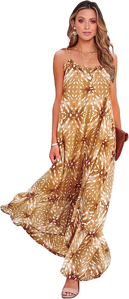 BTFBM Women's Summer Casual Maxi Dresses Spaghetti Strap Sleeveless Ruffle High Low Print Flowy Beac | Amazon (US)