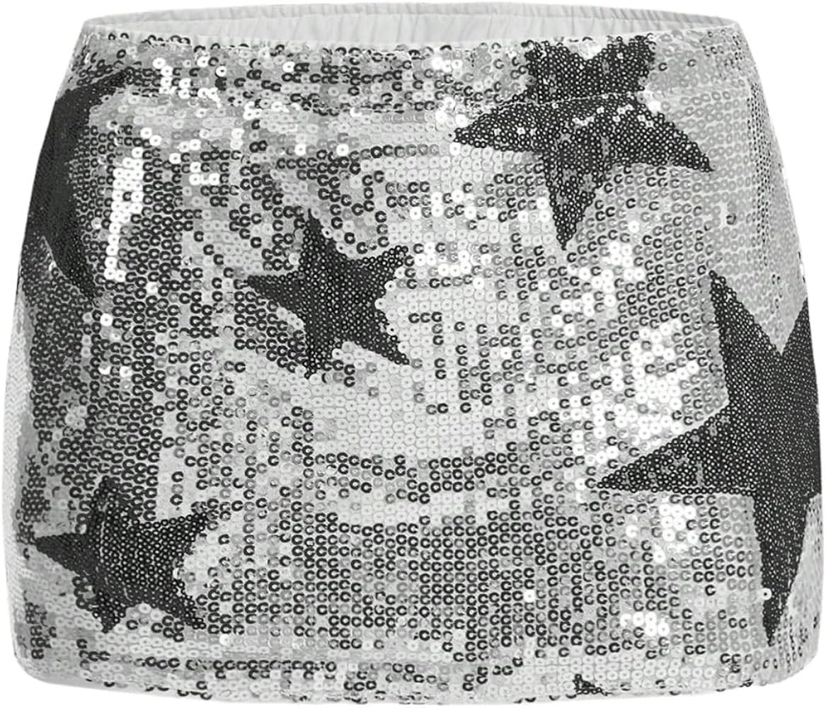 WDIRARA Women's Sparkly Sequin Bodycon Mini Skirt Low Rise Star Graphic Party Club Rave Skirts | Amazon (US)