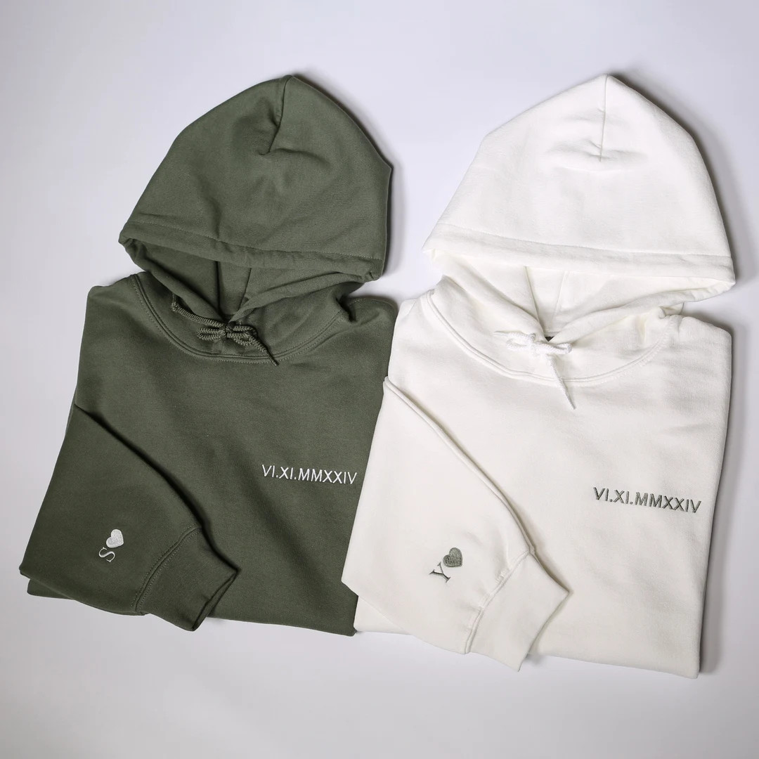 Custom Embroidered Roman Numeral Hoodie, Personalized Matching Sweatshirt, Customized Date and In... | Etsy (US)