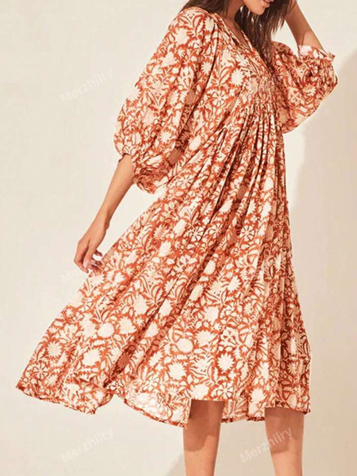 Allover Print Lantern Sleeve Dress | SHEIN USA | SHEIN