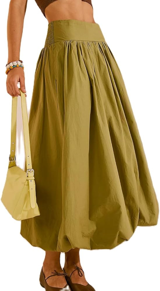 UAURORAO Women Y2k Bubble Maxi Skirts Ruffle High Waist A Line Midi Skirts Cute Puff Pleated Summ... | Amazon (US)