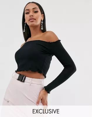 PrettyLittleThing exclusive basic frill edge bardot top in black | ASOS (Global)