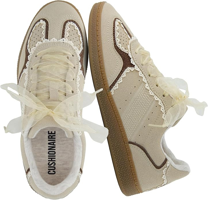 CUSHIONAIRE Belinda Women’s Lace Detail Casual Sneakers – Elegant Ribbon Lace-Up Shoes with M... | Amazon (US)