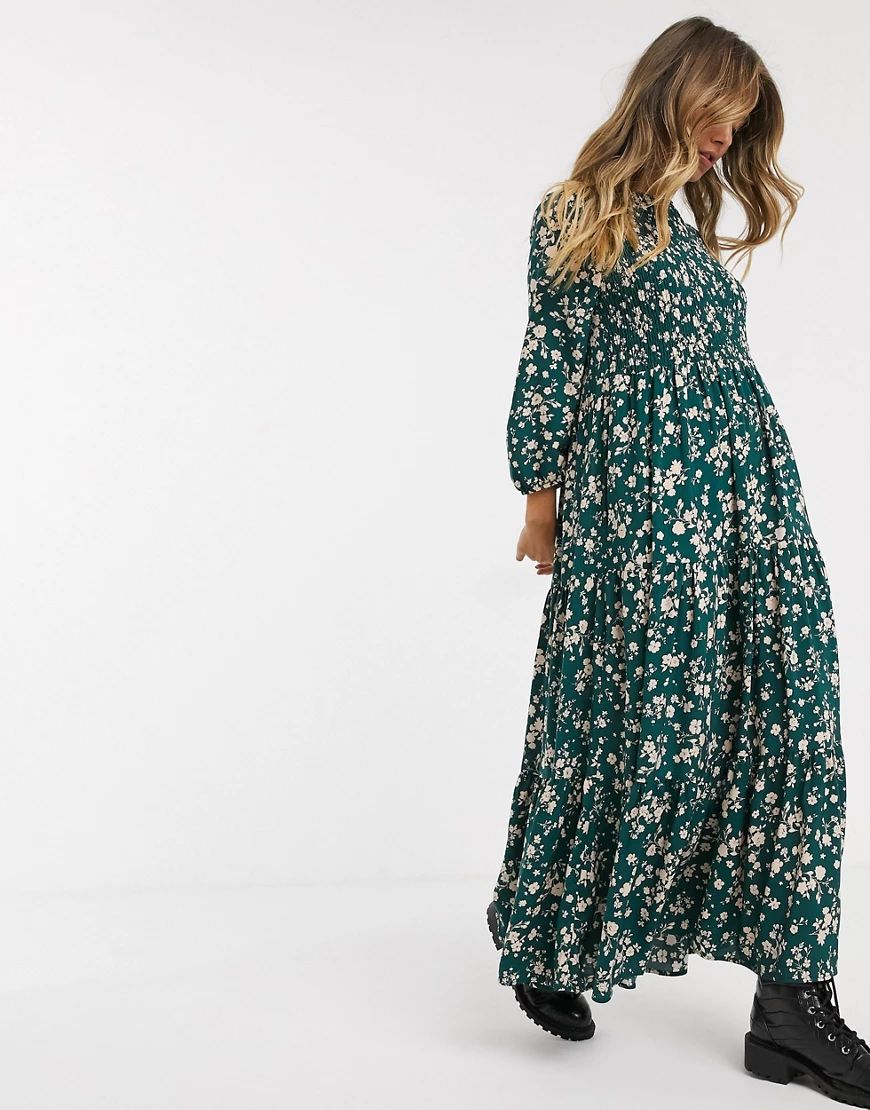 Pull&Bear jersey floral printed midi dress with shirring in green | ASOS (Global)