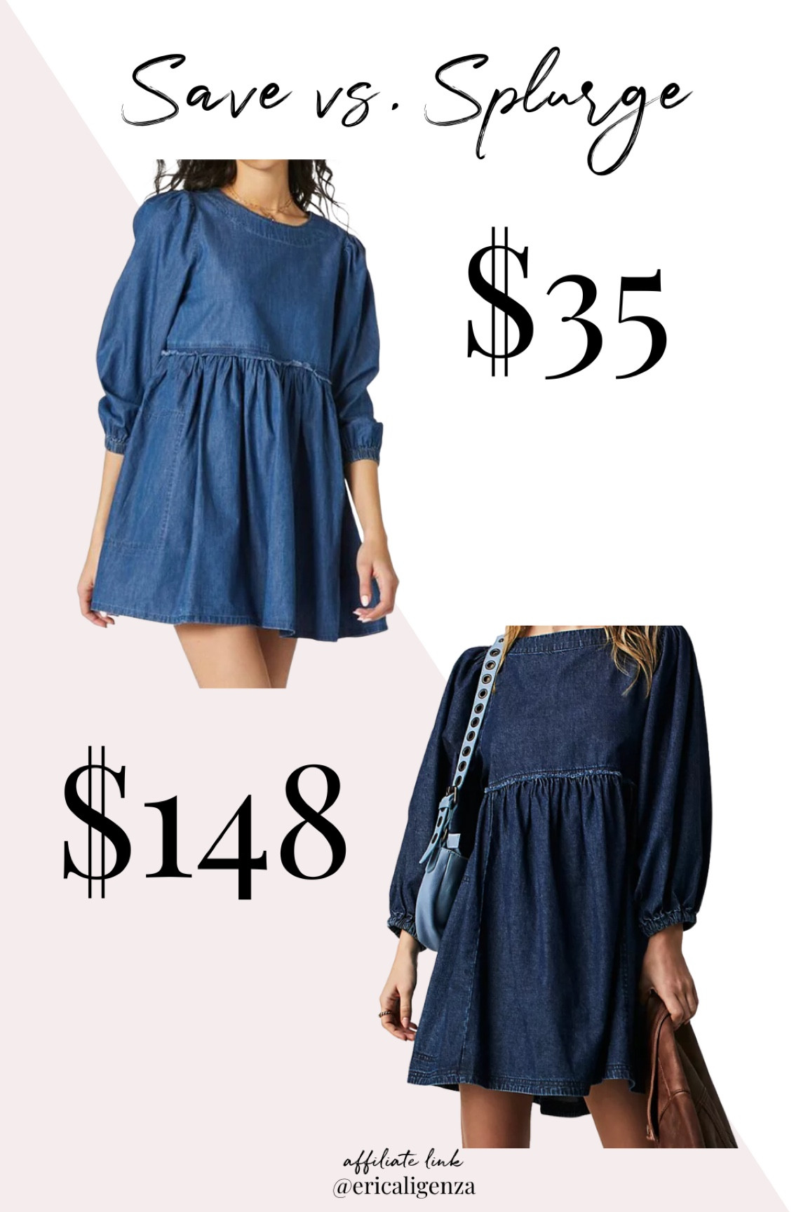 Save vs splurge on this denim mini dress - Free People and Forever 21 

Denim dress // babydoll dress // mini dress // babydoll mini dress // denim babydoll dress // dress for spring // dress under $40

#LTKunder50 #LTKFind #LTKSeasonal