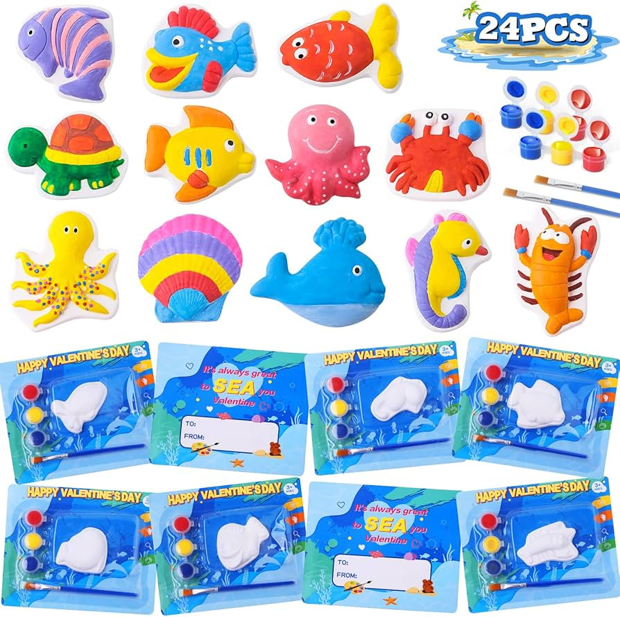24 Pack Valentine's Day Cards for Kids with Plaster Painting Kit for School Classroom Valentine's... | Amazon (US)