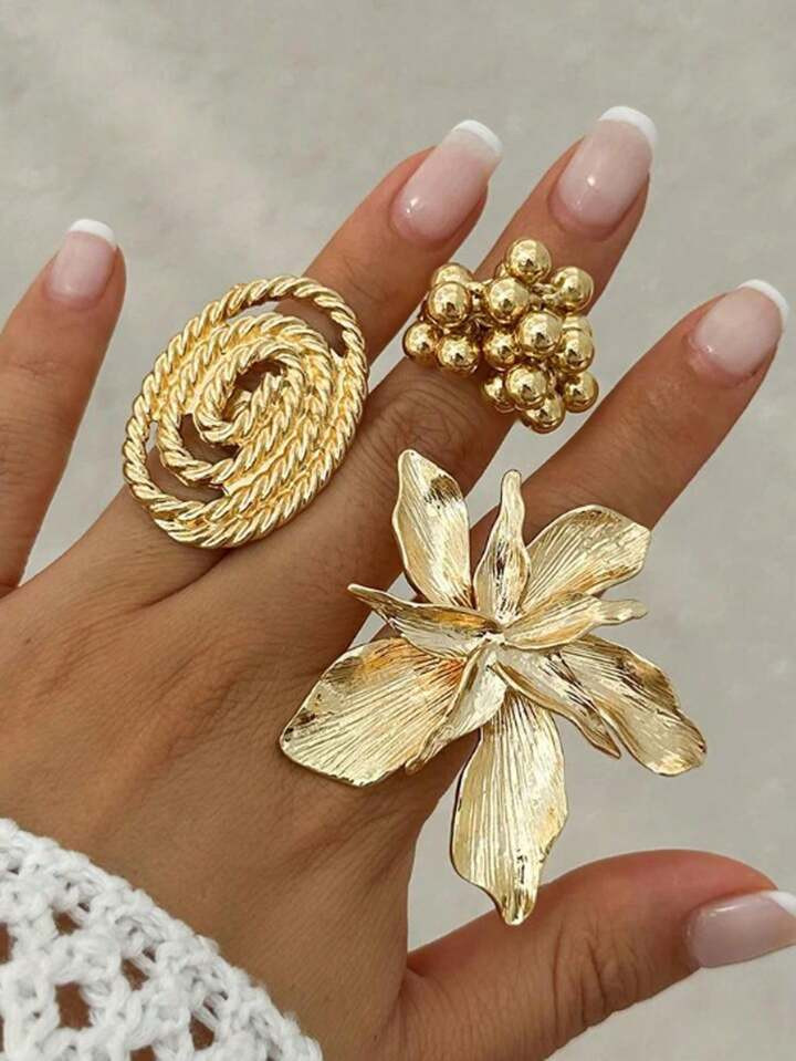 3pcs Exaggerated Metal Large Floral & Bead Spiral Ring Set, Fashion Patterned Rings | SHEIN