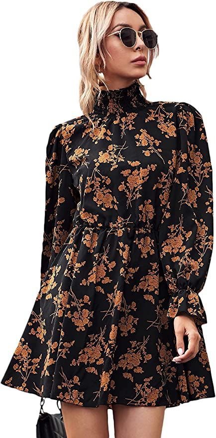 Floerns Women's Mock Neck Long Sleeve Floral Print Ruffle Short Dress | Amazon (US)