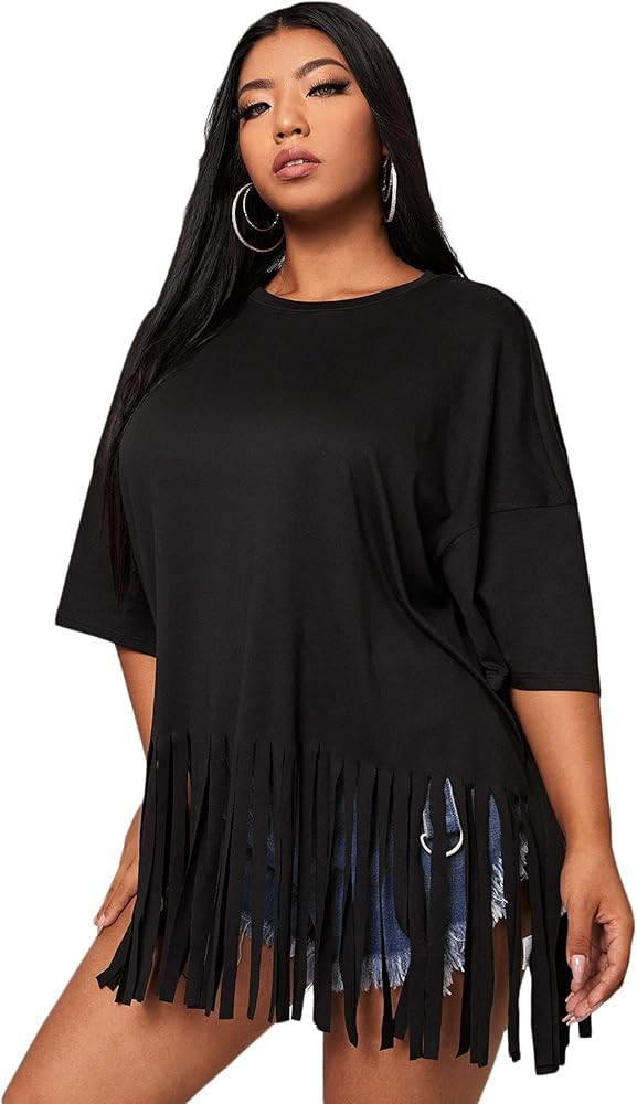 SOLY HUX Women's Plus Size Fringe Hem Half Sleeve Tee Casual Summer T Shirt Top | Amazon (US)