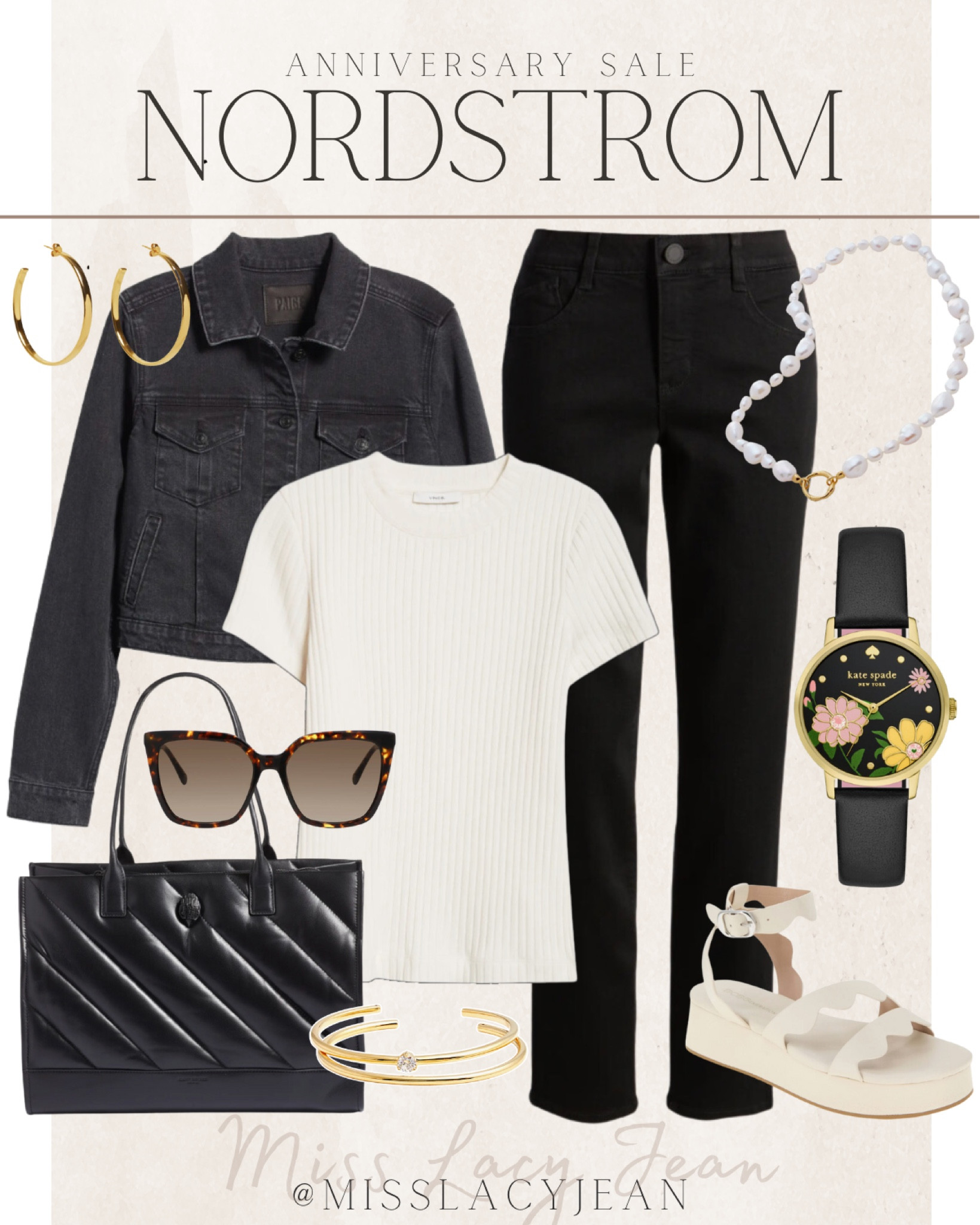 Nordstrom anniversary sale includes black pants, white ribbed shirt, black denim jacket, black tote, sunglasses, earrings, necklace, watch, sandals, and gold bracelets.

Nordstrom sale, sale alert, deal alert, steal alert, work outfit deal

#LTKxNSale #LTKStyleTip #LTKSaleAlert