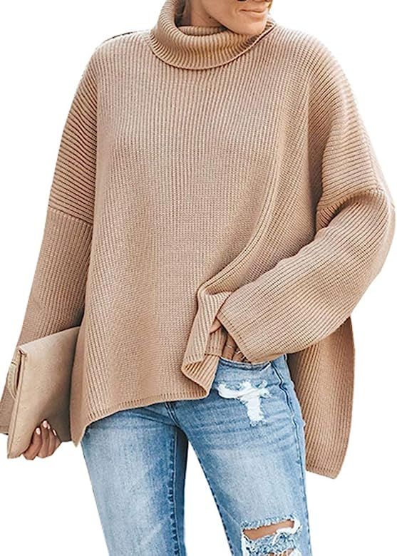 Womens Turtleneck Sweaters Batwing Sleeve Ribbed Loose Side Slit Oversized Pullover Knit Jumper T... | Amazon (US)