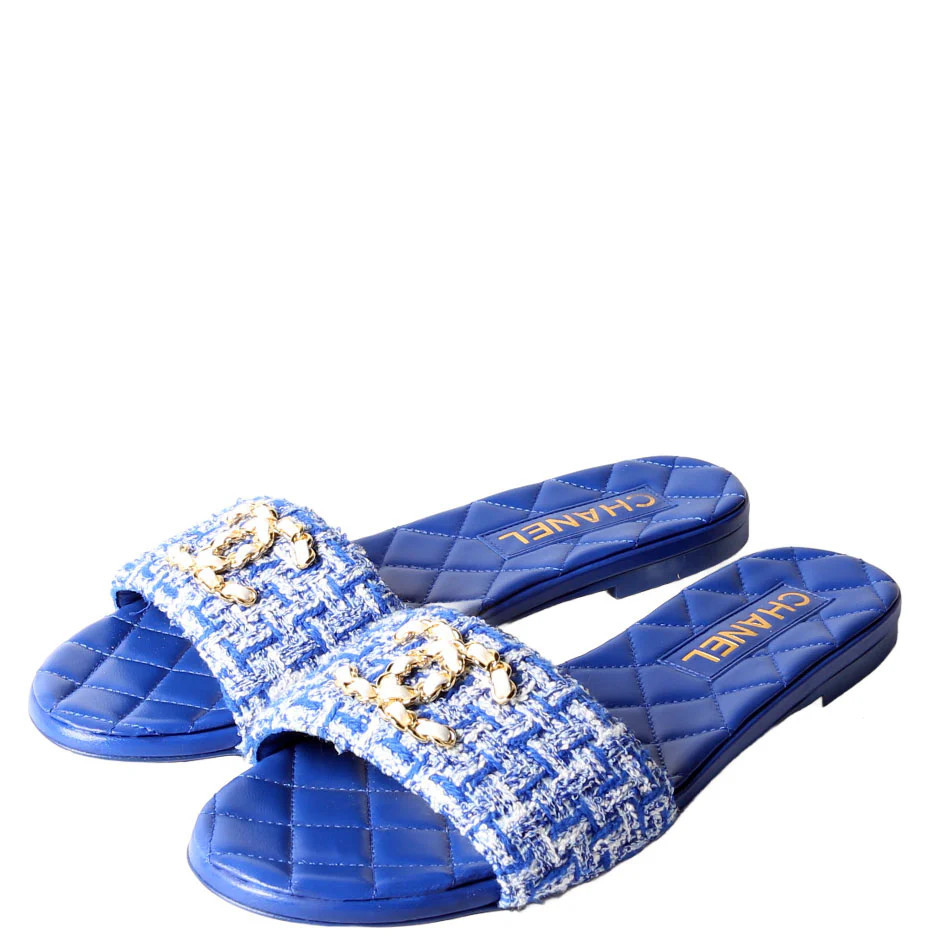 CC Logo Tweed Slid Sandals Size 38.5 Blue | Keeks Designer Handbags