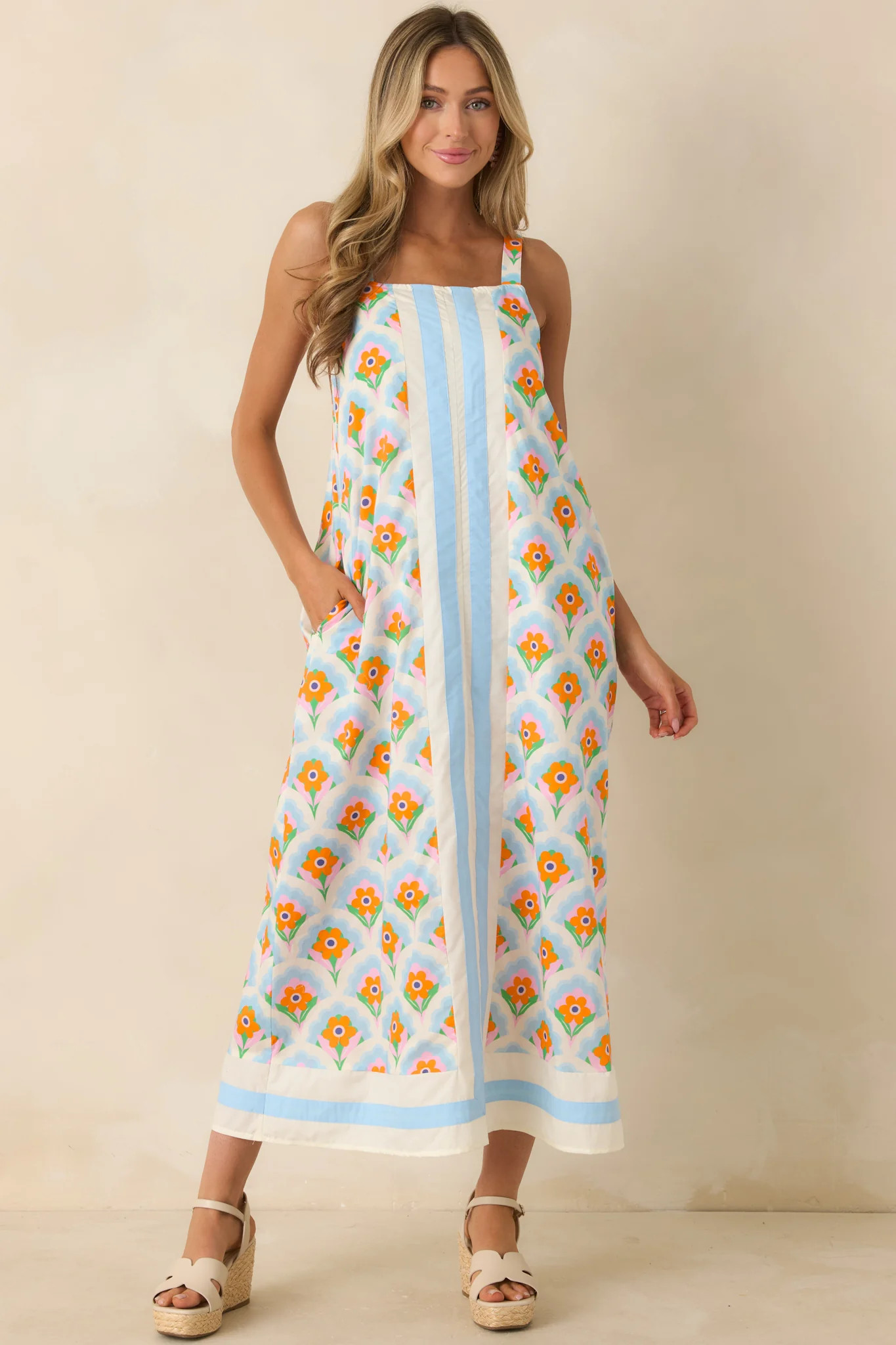 Orange Blossom Skies Blue Multi Floral Cotton Contrast Maxi Dress - M / Blue | Red Dress