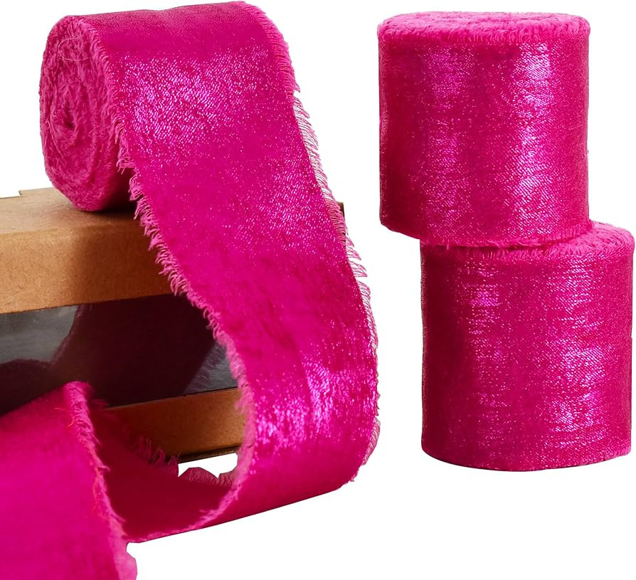 3 Rolls Hot Pink Silk Satin Ribbon, 1.5 Inch 15 Yards Chiffon Frayed Ribbon for Flower Bouquet, G... | Amazon (US)