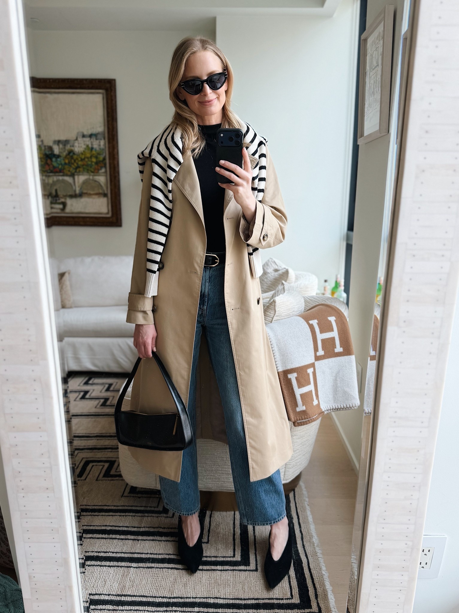 Today’s look! Wearing the XS in the trench and striped sweater, medium in the black top and 26 in the jeans. I sized down a full size in the shoes! I’m normally a 9.5 and took the 8.5.

#LTKootd