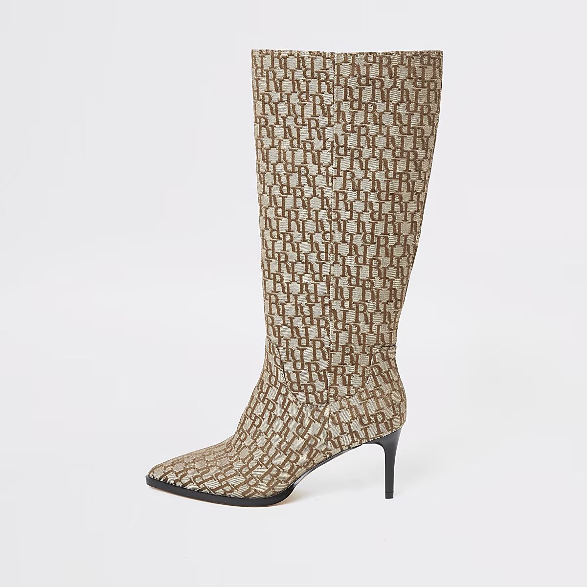 Beige RI monogram knee high pointed boots | River Island (UK & IE)