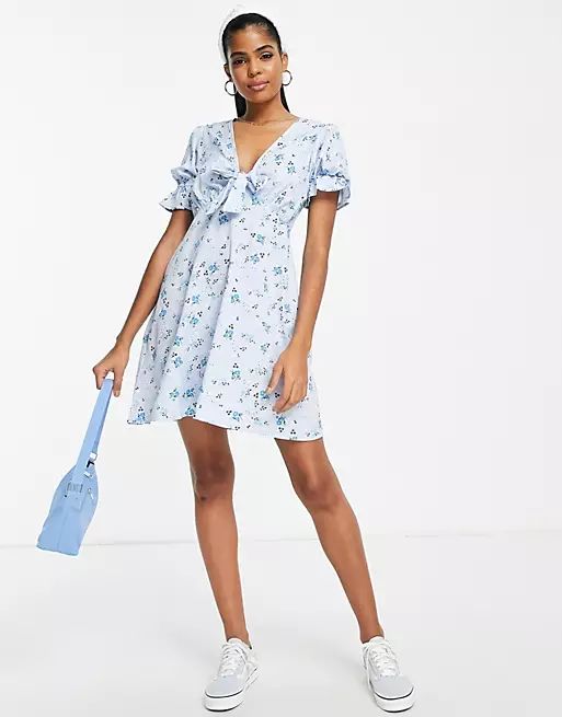 Influence front tie dress in blue ditsy floral | ASOS | ASOS (Global)