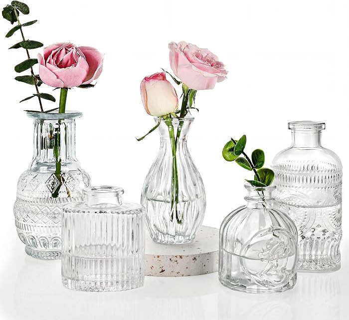 Fixwal Set of 5 Bud Vases, Small Vase for Flowers, Glass Vase for Home Decor, Wedding Decorations, Clear Flower Vases for Centerpieces, Vintage Vase for Home Decor | Amazon (US)