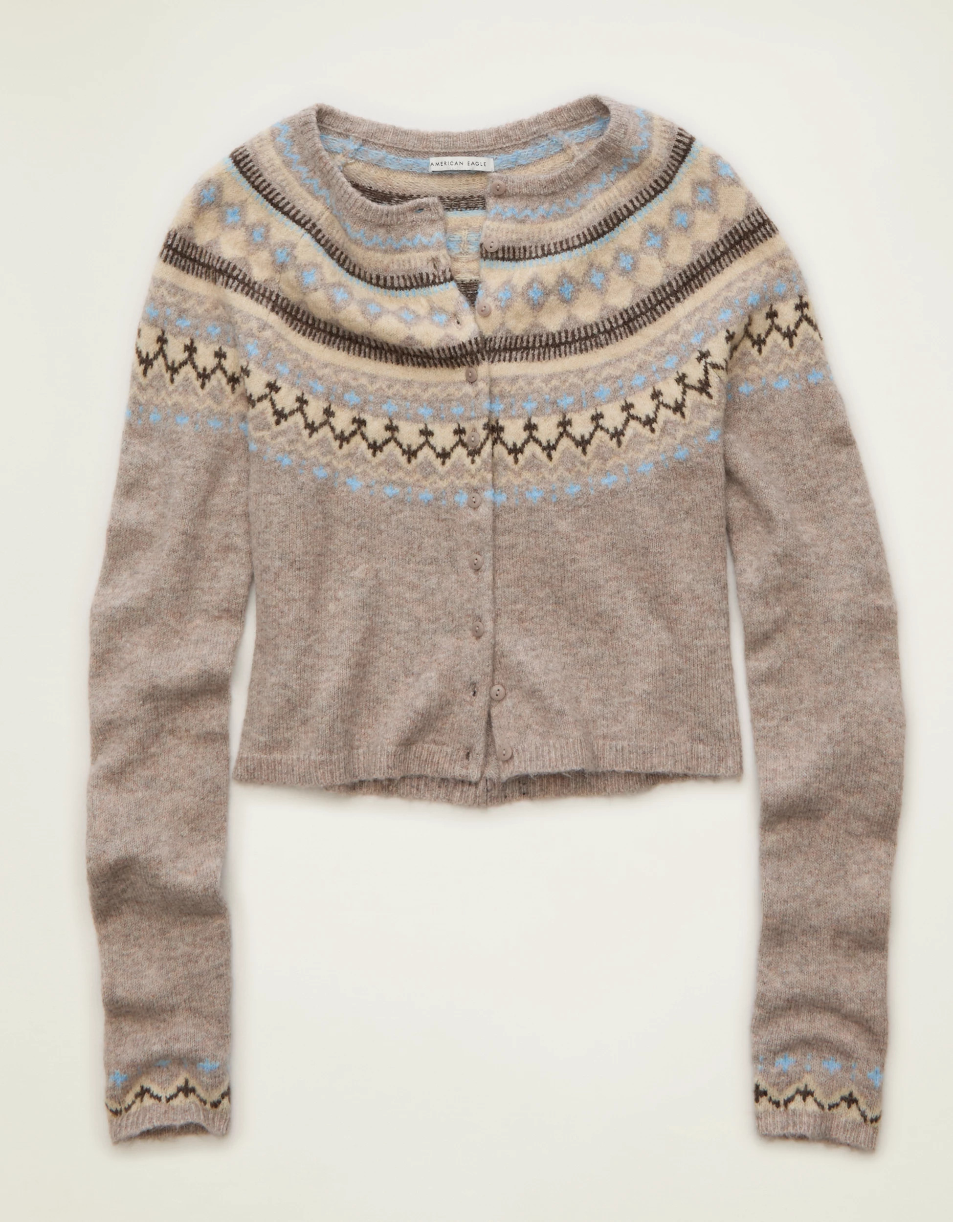 AE Whoa So Soft Shrunken Fairisle Cardigan Sweater | American Eagle Outfitters (US & CA)