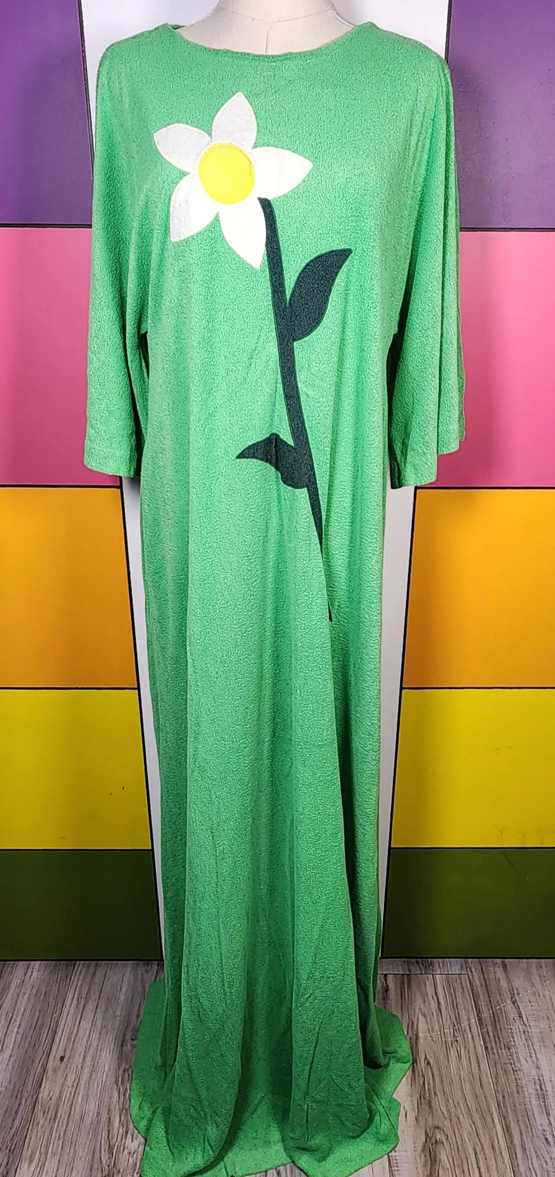 AMAZING Vintage 60s 70s Extra Long/tall Green Terry Cloth Caftan With Huge Flower Applique ~ M-L ... | Etsy (US)