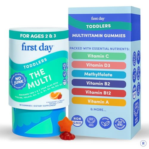 FIRST DAY Toddler Multivitamin Gummies (Ages 2-3)| Kids Multivitamin Gummies with Vitamins A C D3, B2, B12, Choline, Folate and 21 Organic Superfoods| (30 Day Supply) | Amazon (US)