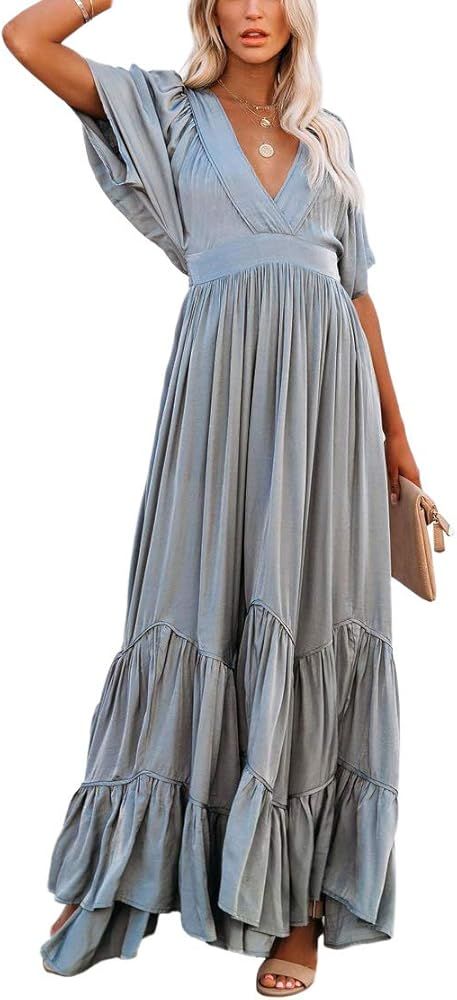 AOHITE Women's Sexy V Neck Boho Beach Maxi Dress Ruffle Short Sleeve Flowy Plain Party Long Dresses | Amazon (US)