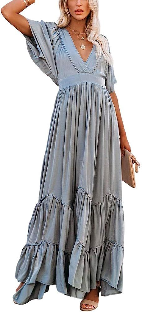AOHITE Women's Sexy V Neck Boho Beach Maxi Dress Ruffle Short Sleeve Flowy Plain Party Long Dresses | Amazon (US)