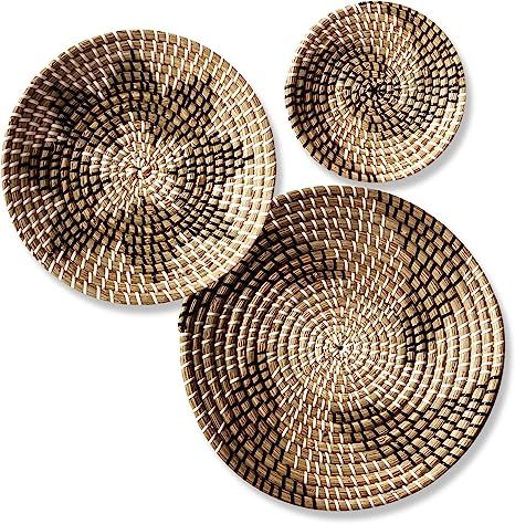 Set of 3 Decorative Wall Basket - Boho Hand Woven Rattan Hanging Decor Round Flat Wicker Baskets ... | Amazon (US)