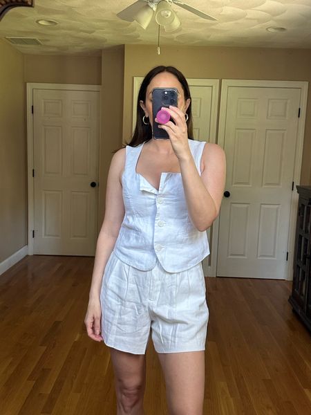 It’s wrinkly but linen shorts and vest are on sale. Size down in shorts and size up in vest if you have a larger chest! 