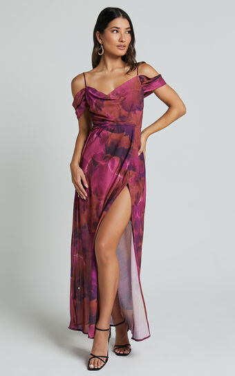 Keira Midi Dress - Draped Off the Shoulder Dress in Electric Cloud - Purple | Showpo (US, UK & Europe)