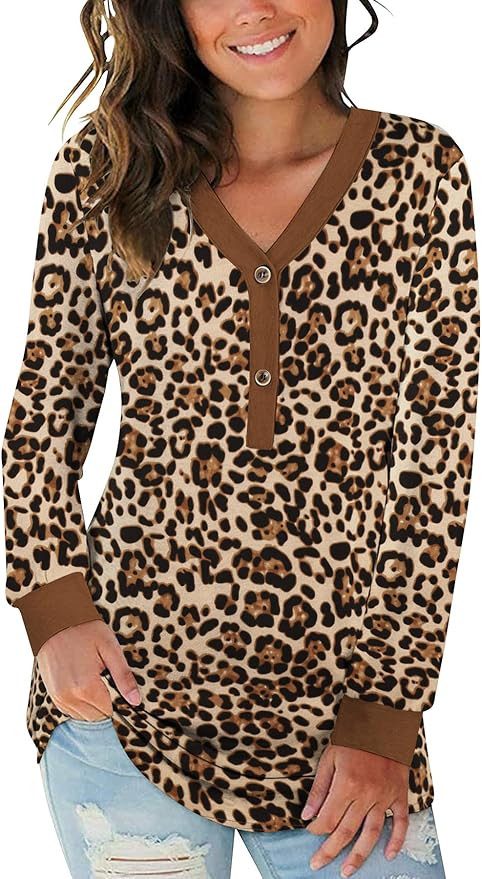 Casual Long Sleeve Tops for Women Long Sleeve Leopard Print V Neck Henley Shirt Brown Leopard S a... | Amazon (US)