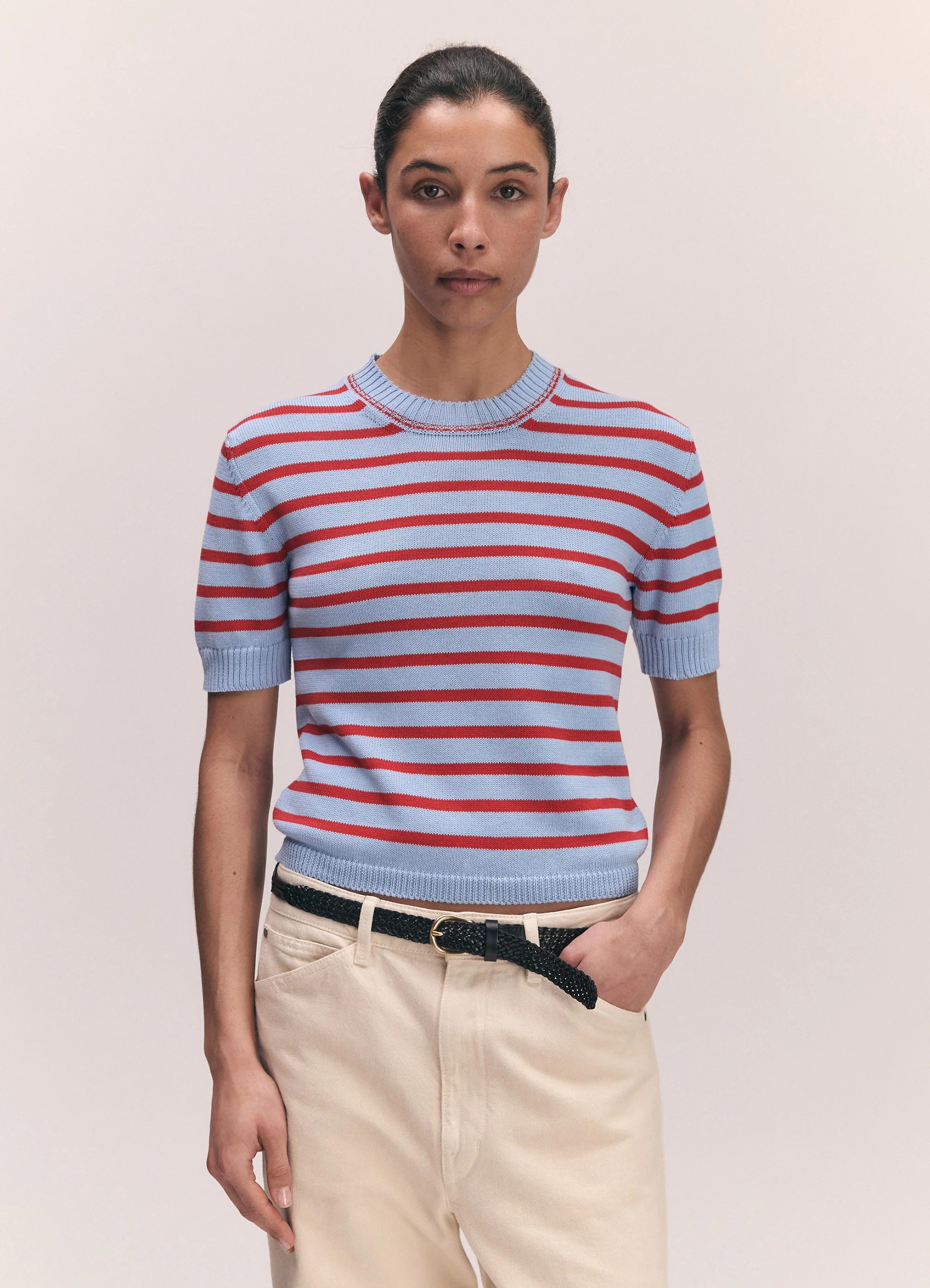 Shona Stripe T-Shirt in Pale Blue with Red | & Daughter (Global)