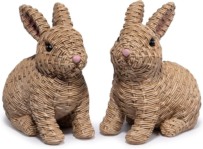 Hodao Set of 2 Woven Easter Bunny Figurines - 4.8" Tall White Rabbit Resin Sculptures with Handcr... | Amazon (US)