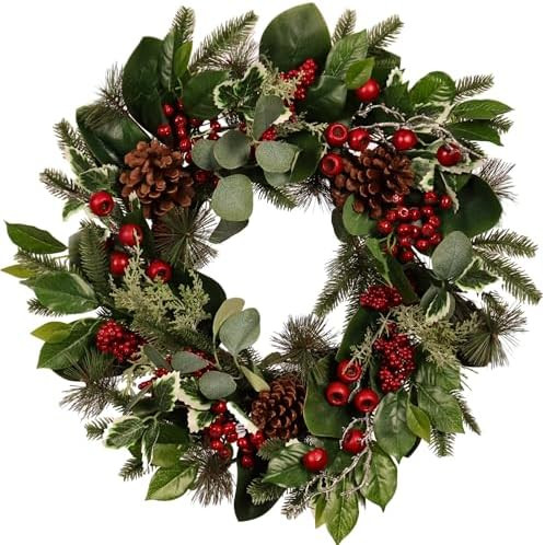 22-Inch Artificial Christmas Wreath with Pinecones, Red Berries, and Magnolia - Holiday Door Wrea... | Amazon (US)