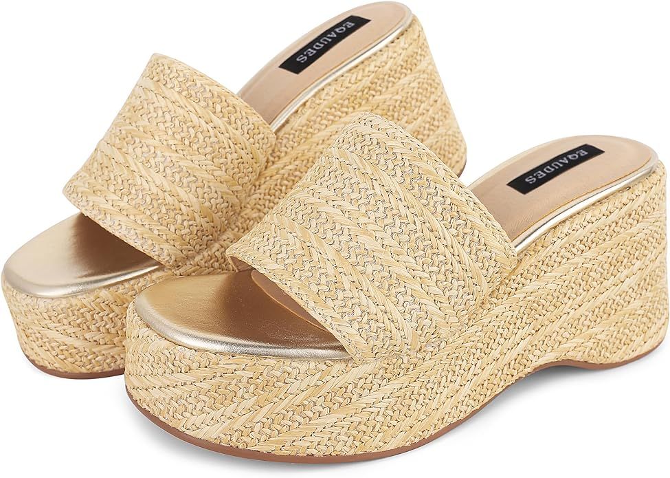 Platform Wedge Sandals Espadrille Sandals for Women Slip on Slides Raffia Sandals Flatform High H... | Amazon (US)