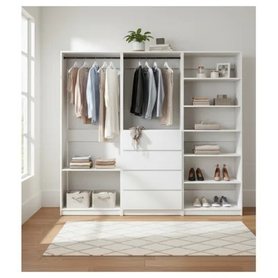 Prosper White Freestanding Walk-In Wood Closet System, Modular Storage Organizer with Oak Finish, 94.2" H x 83" W x 15.7" D | Wayfair North America